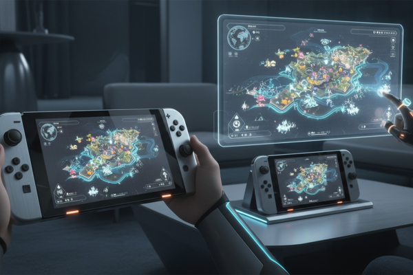 Console Nintendo Switch 2 com jogo de estratégia tática e interface futurista