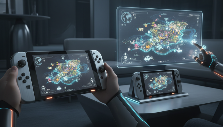 Console Nintendo Switch 2 com jogo de estratégia tática e interface futurista