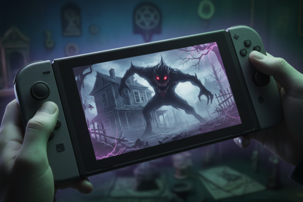 Nintendo Switch 2 com jogo de terror na tela, mãos segurando, fundo escuro