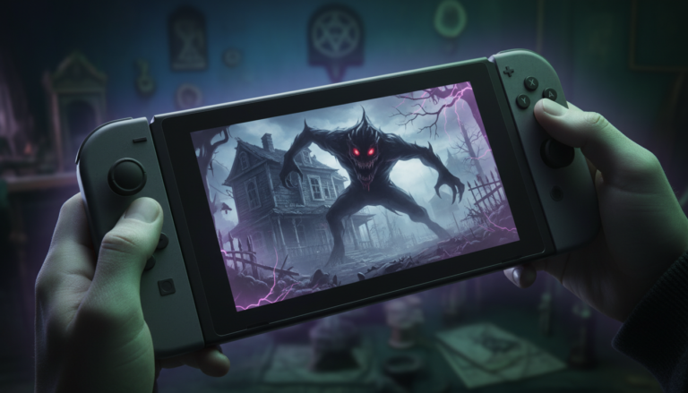 Nintendo Switch 2 com jogo de terror na tela, mãos segurando, fundo escuro