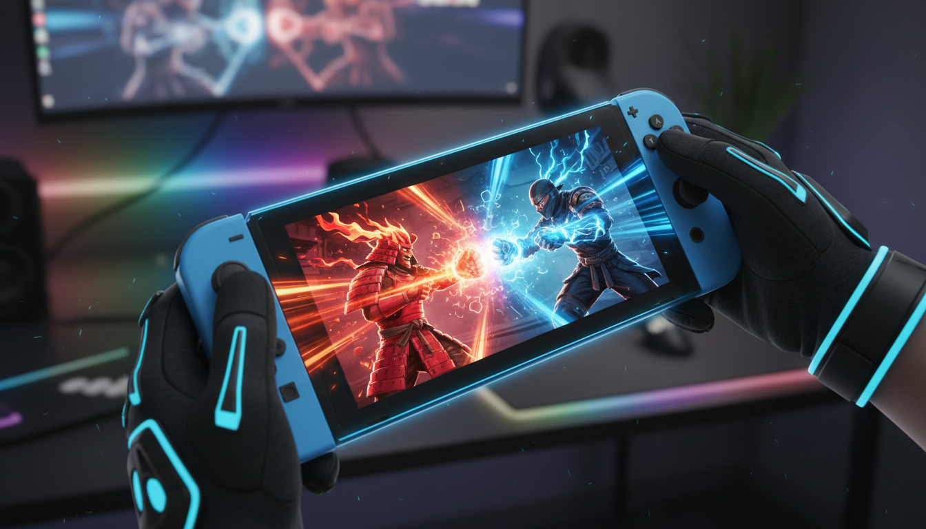 Nintendo Switch 2 rodando um jogo de luta com gráficos avançados, mostrando dois personagens em combate