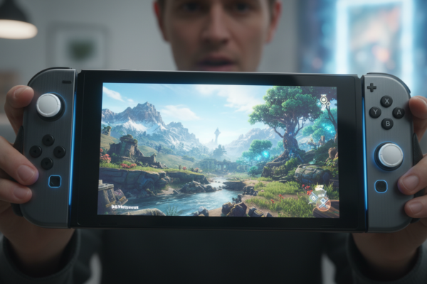 Nintendo Switch 2 com tela OLED vibrante exibindo jogo de alta qualidade, Joy-Cons ergonômicos, conceito futurista