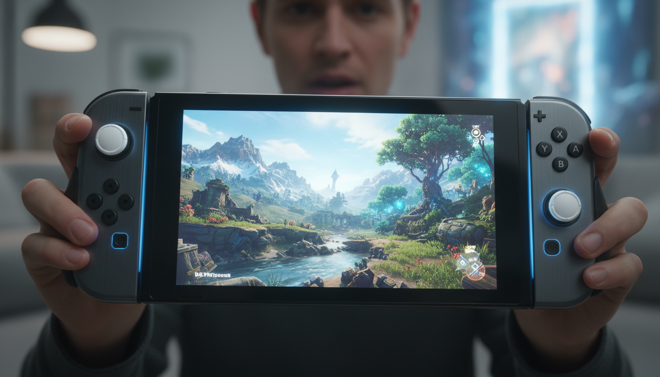 Nintendo Switch 2 com tela OLED vibrante exibindo jogo de alta qualidade, Joy-Cons ergonômicos, conceito futurista