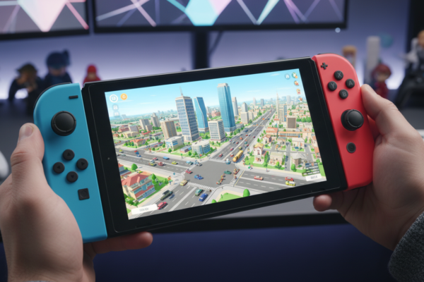 Nintendo Switch 2 rodando um jogo de simulação de cidade com gráficos impressionantes e muitos detalhes na tela.