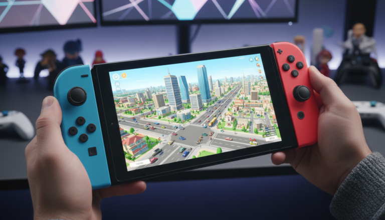 Nintendo Switch 2 rodando um jogo de simulação de cidade com gráficos impressionantes e muitos detalhes na tela.