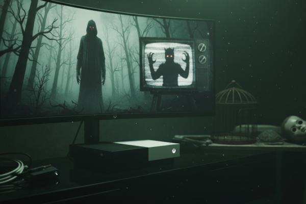 Xbox Series S em ambiente escuro com jogo de terror na tela, representando os lançamentos de terror para Xbox Series S em 2026.