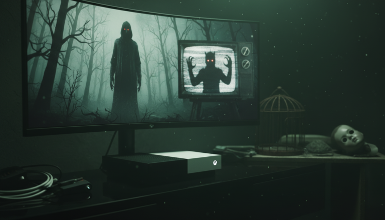 Xbox Series S em ambiente escuro com jogo de terror na tela, representando os lançamentos de terror para Xbox Series S em 2026.
