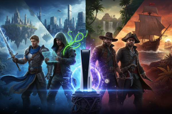 Personagens de jogos de fantasia, cyberpunk, sobrevivência e pirataria ao redor do PlayStation 5, simbolizando os jogos de ação e aventura mais esperados em 2026.