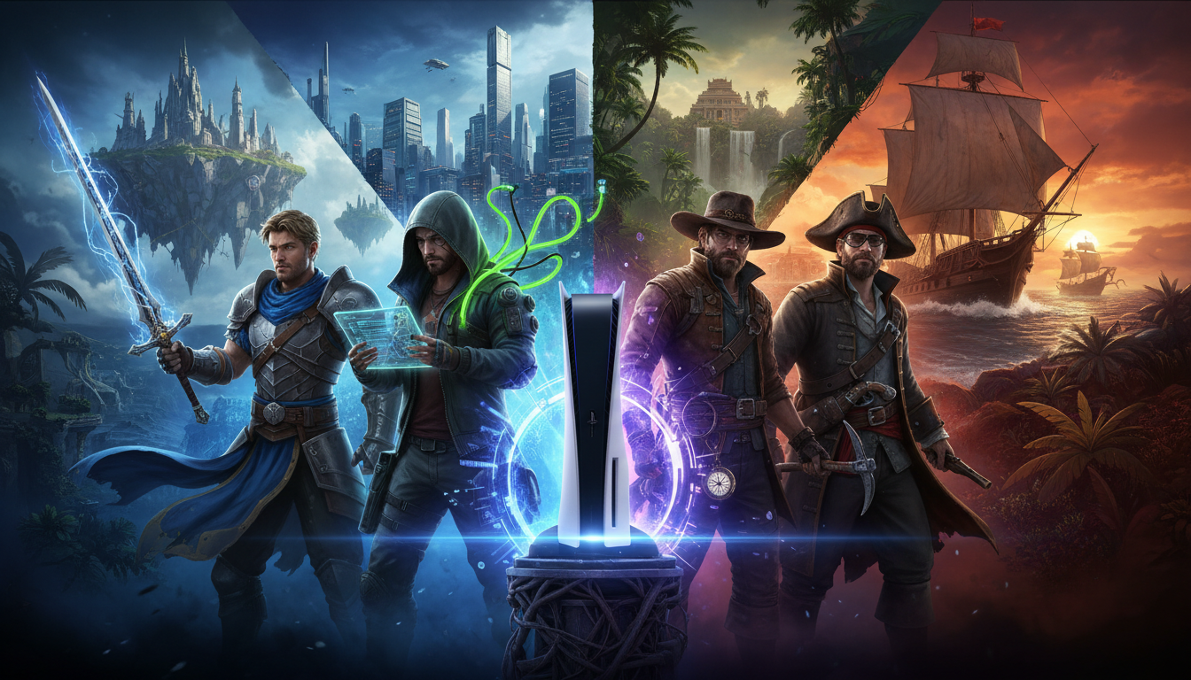 Personagens de jogos de fantasia, cyberpunk, sobrevivência e pirataria ao redor do PlayStation 5, simbolizando os jogos de ação e aventura mais esperados em 2026.