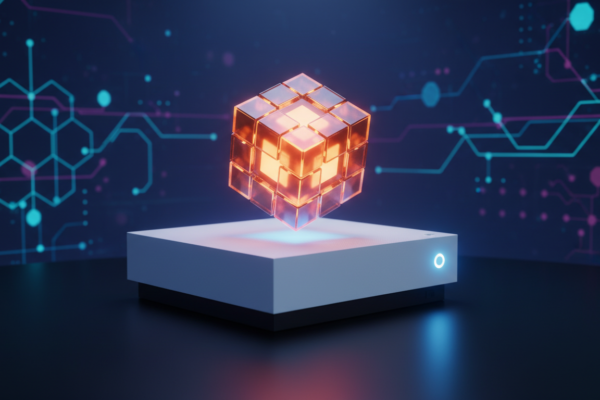 Xbox Series S com cubo de puzzle futurista, representando o futuro dos jogos de quebra-cabeça no console.