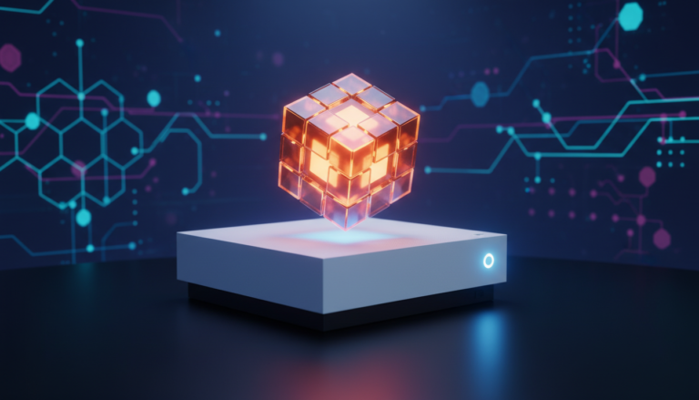 Xbox Series S com cubo de puzzle futurista, representando o futuro dos jogos de quebra-cabeça no console.