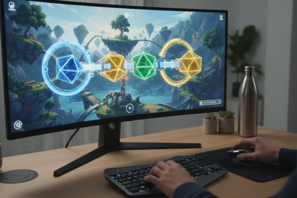 Tela de computador exibindo um jogo de puzzle 3D futurista com gráficos avançados, com mãos interagindo com teclado e mouse, simbolizando os futuros lançamentos de puzzles para PC.