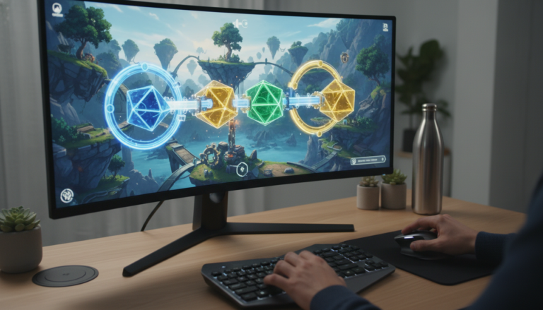 Tela de computador exibindo um jogo de puzzle 3D futurista com gráficos avançados, com mãos interagindo com teclado e mouse, simbolizando os futuros lançamentos de puzzles para PC.