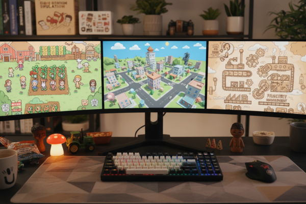 Tela de computador exibindo diversos jogos de simulação indie, com foco em detalhes e arte visual única.