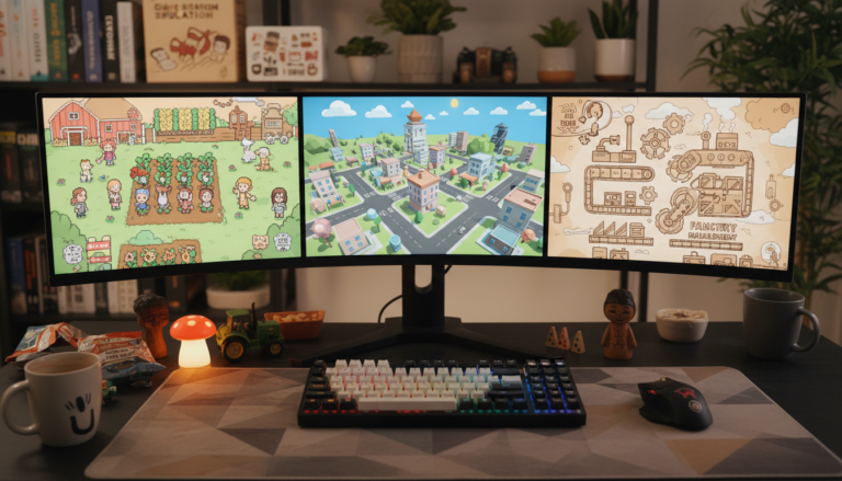 Tela de computador exibindo diversos jogos de simulação indie, com foco em detalhes e arte visual única.