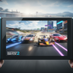 Nintendo Switch 2 exibindo jogos de corrida de alta qualidade, com karts, carros esportivos e veículos futuristas em pistas detalhadas.
