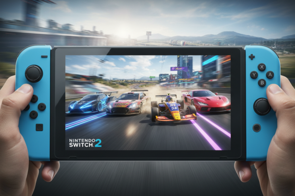 Nintendo Switch 2 exibindo jogos de corrida de alta qualidade, com karts, carros esportivos e veículos futuristas em pistas detalhadas.