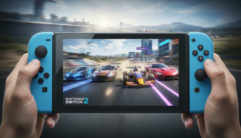 Nintendo Switch 2 exibindo jogos de corrida de alta qualidade, com karts, carros esportivos e veículos futuristas em pistas detalhadas.