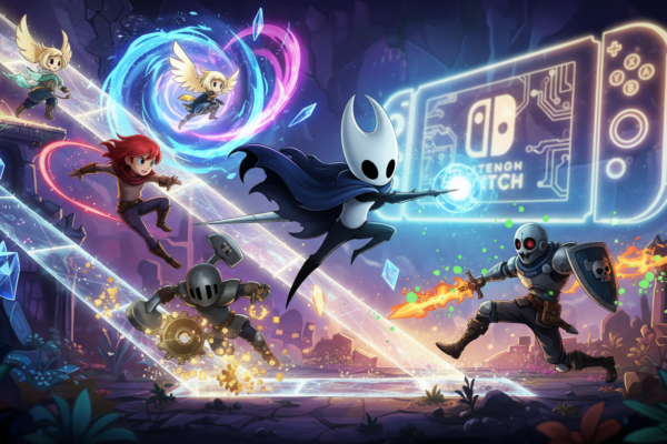 Personagens de Hollow Knight, Celeste, Ori, Shovel Knight, Dead Cells em um cenário de jogo de plataforma vibrante para Switch 2