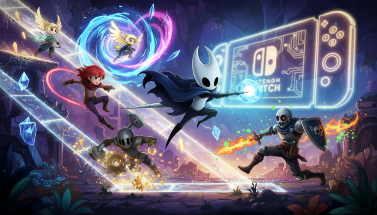 Personagens de Hollow Knight, Celeste, Ori, Shovel Knight, Dead Cells em um cenário de jogo de plataforma vibrante para Switch 2
