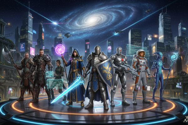 Grupo de heróis de RPG de fantasia e cyberpunk em um cenário futurista, representando os principais lançamentos para PS5 em 2026.