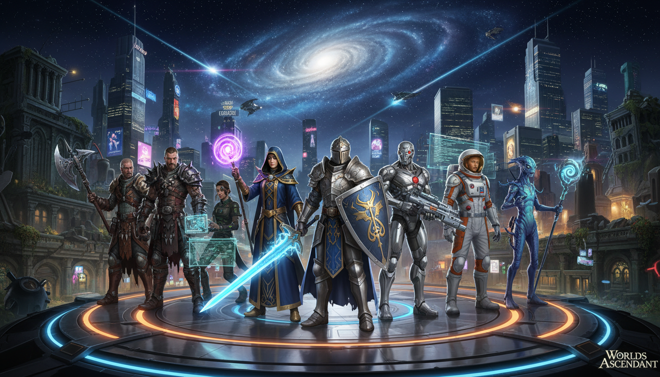 Grupo de heróis de RPG de fantasia e cyberpunk em um cenário futurista, representando os principais lançamentos para PS5 em 2026.