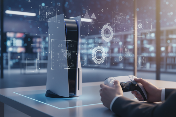 PlayStation 5 com projeções holográficas de puzzles, controle DualSense, cenário futurista e reflexivo, representando jogos de puzzle no PS5.