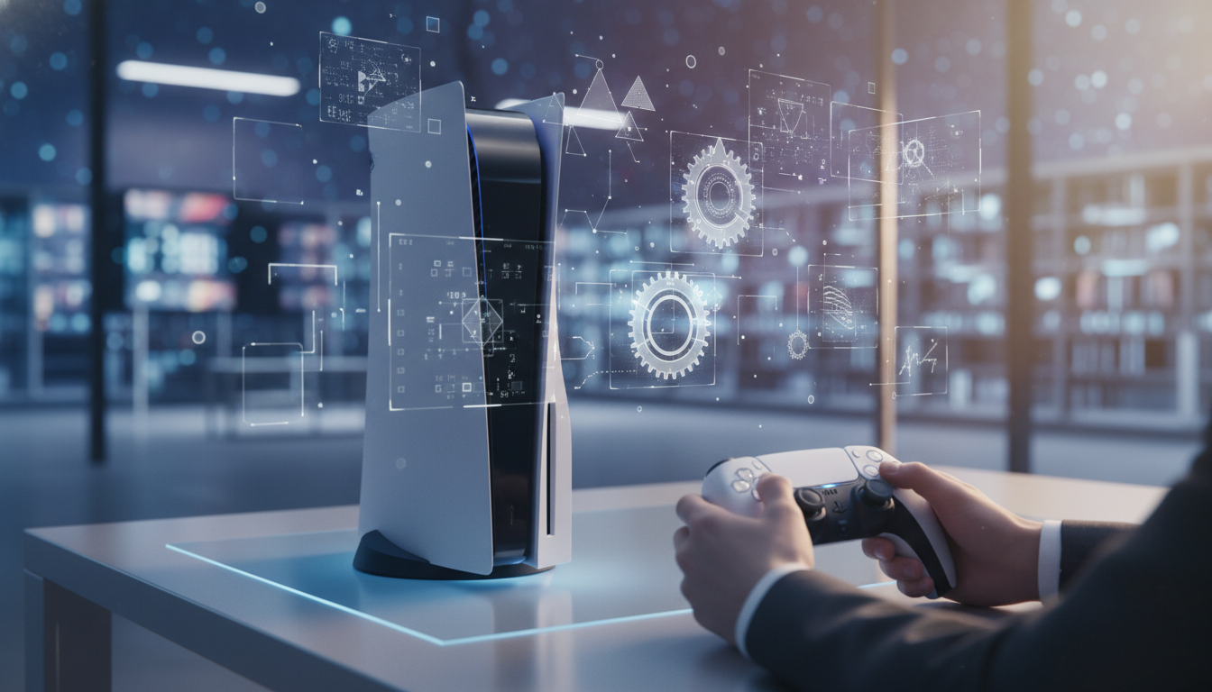 PlayStation 5 com projeções holográficas de puzzles, controle DualSense, cenário futurista e reflexivo, representando jogos de puzzle no PS5.