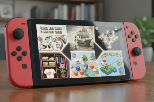 Nintendo Switch com os 7 puzzles inesperados: Baba Is You, Gorogoa, Obra Dinn, The Witness, Unpacking, Captain Toad, Snipperclips