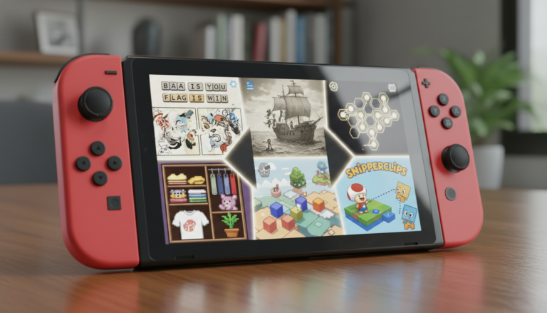 Nintendo Switch com os 7 puzzles inesperados: Baba Is You, Gorogoa, Obra Dinn, The Witness, Unpacking, Captain Toad, Snipperclips