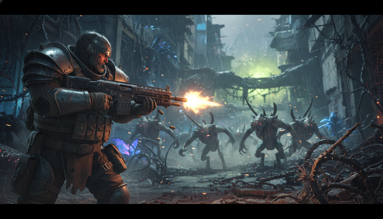 Personagem de Remnant 2 atirando em inimigos em cenário de ficção científica