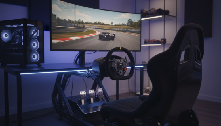 Setup de corrida PC com volante, pedais e monitor ultrawide exibindo jogo de corrida