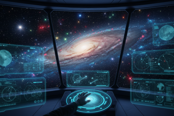 Visão da ponte de comando de uma nave espacial em Stellaris, com a galáxia ao fundo e displays holográficos de estratégia