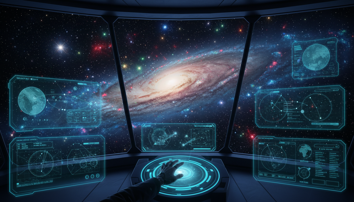 Visão da ponte de comando de uma nave espacial em Stellaris, com a galáxia ao fundo e displays holográficos de estratégia
