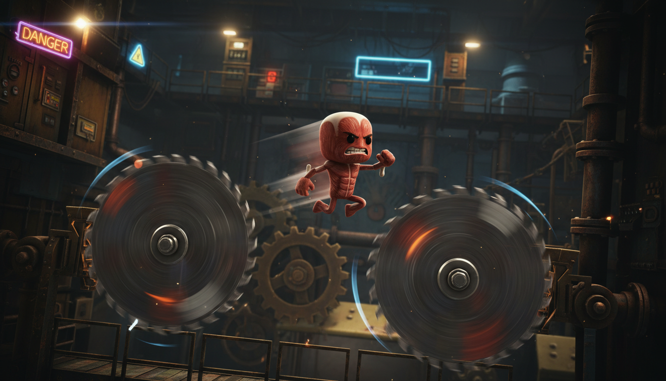 Super Meat Boy Forever personagem pulando entre serras, plataforma PC