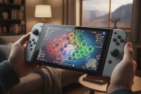 Nintendo Switch 2 exibindo um jogo de estratégia vibrante, com mãos segurando o console em um ambiente de jogo confortável.