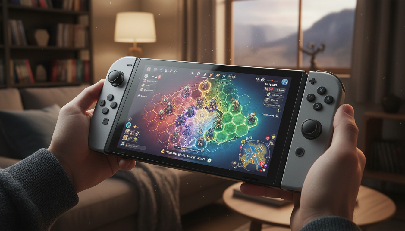 Nintendo Switch 2 exibindo um jogo de estratégia vibrante, com mãos segurando o console em um ambiente de jogo confortável.
