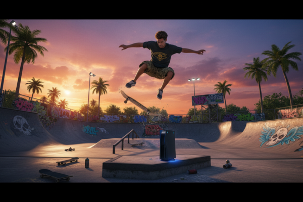 Tony Hawk em um combo aéreo no THPS 1+2 para PS5, com gráficos de nova geração e iluminação realista.