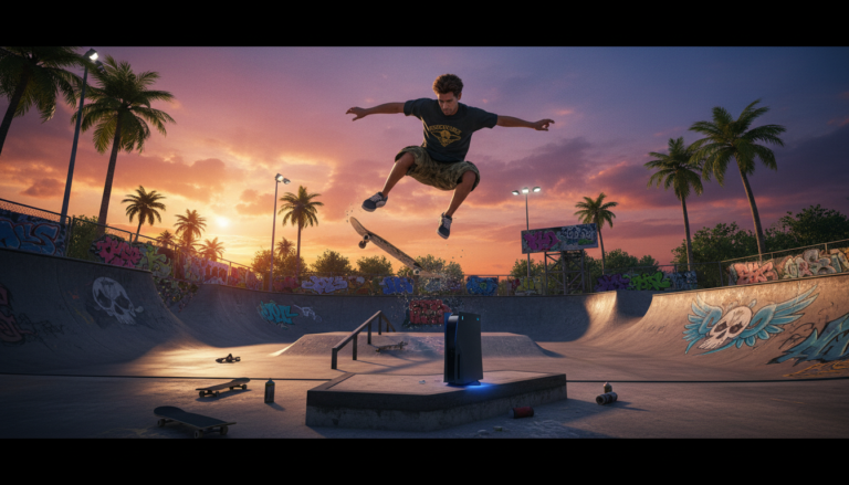 Tony Hawk em um combo aéreo no THPS 1+2 para PS5, com gráficos de nova geração e iluminação realista.