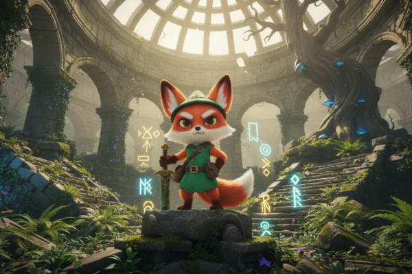 Raposa de Tunic em ruínas medievais com símbolos misteriosos no PC