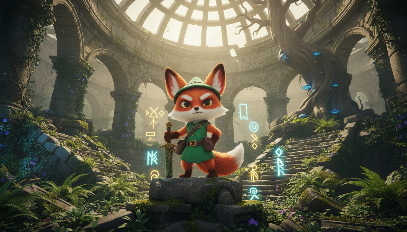 Raposa de Tunic em ruínas medievais com símbolos misteriosos no PC