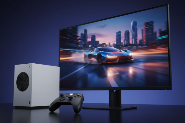 Xbox Series S com jogo de corrida na tela, mostrando gráficos de alta qualidade e sensação de velocidade.