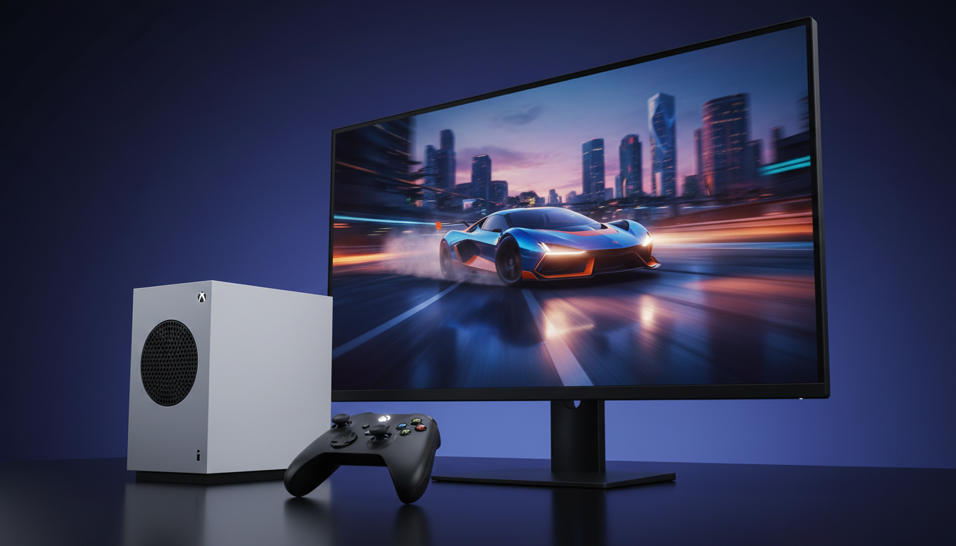 Xbox Series S com jogo de corrida na tela, mostrando gráficos de alta qualidade e sensação de velocidade.