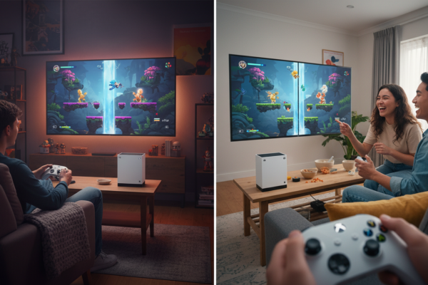 Console Xbox Series S com cenas de jogos de plataforma solo e multiplayer, ilustrando a flexibilidade de gameplay.