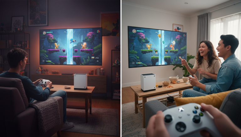 Console Xbox Series S com cenas de jogos de plataforma solo e multiplayer, ilustrando a flexibilidade de gameplay.