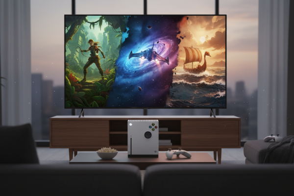 Xbox Series S com jogos de aventura como Ori, Assassin's Creed Valhalla, Forza Horizon 5, No Man's Sky, Sea of Thieves e Psychonauts 2