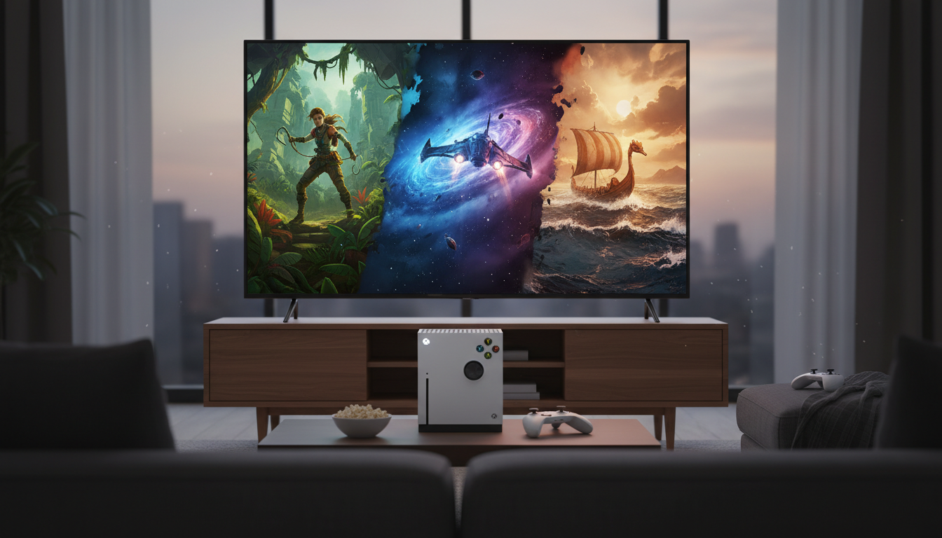 Xbox Series S com jogos de aventura como Ori, Assassin's Creed Valhalla, Forza Horizon 5, No Man's Sky, Sea of Thieves e Psychonauts 2