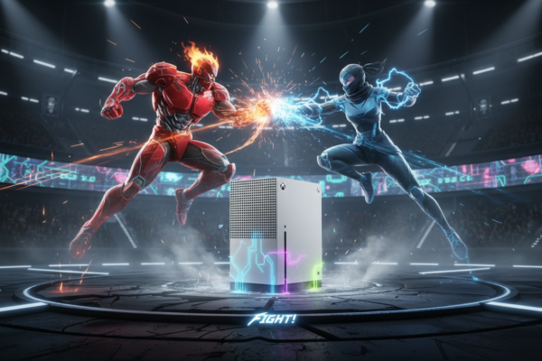 Xbox Series S em arena de luta com personagens holográficos de jogos de luta, simbolizando os lançamentos de 2026.