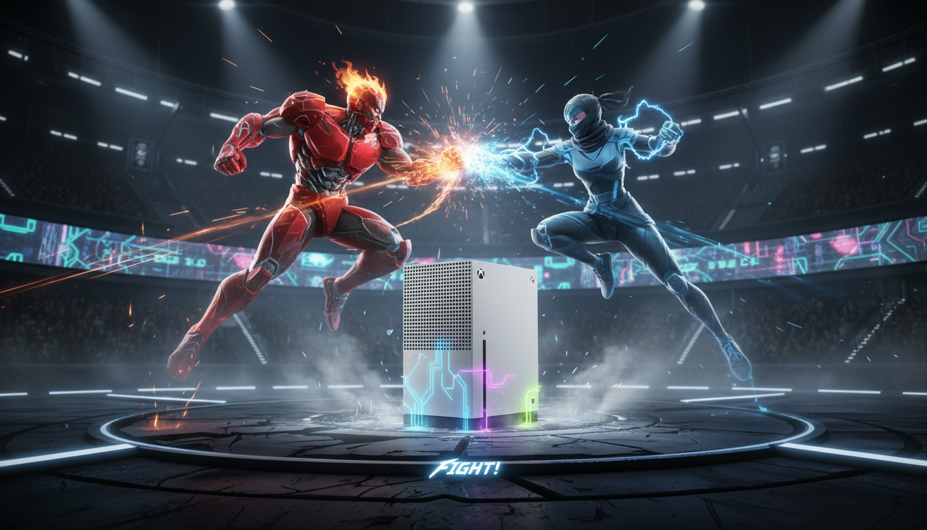 Xbox Series S em arena de luta com personagens holográficos de jogos de luta, simbolizando os lançamentos de 2026.