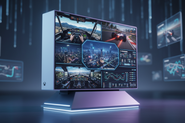Xbox Series S rodando simuladores top de linha para 2026: Flight Simulator, Forza Motorsport, Cities: Skylines II, F1 Manager 2026, Train Sim World 4.